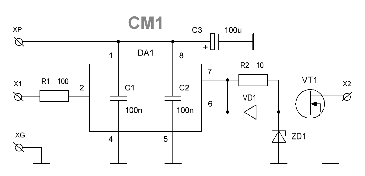 Принципиальная схема коммутатора импульсов CM1 на TC4420