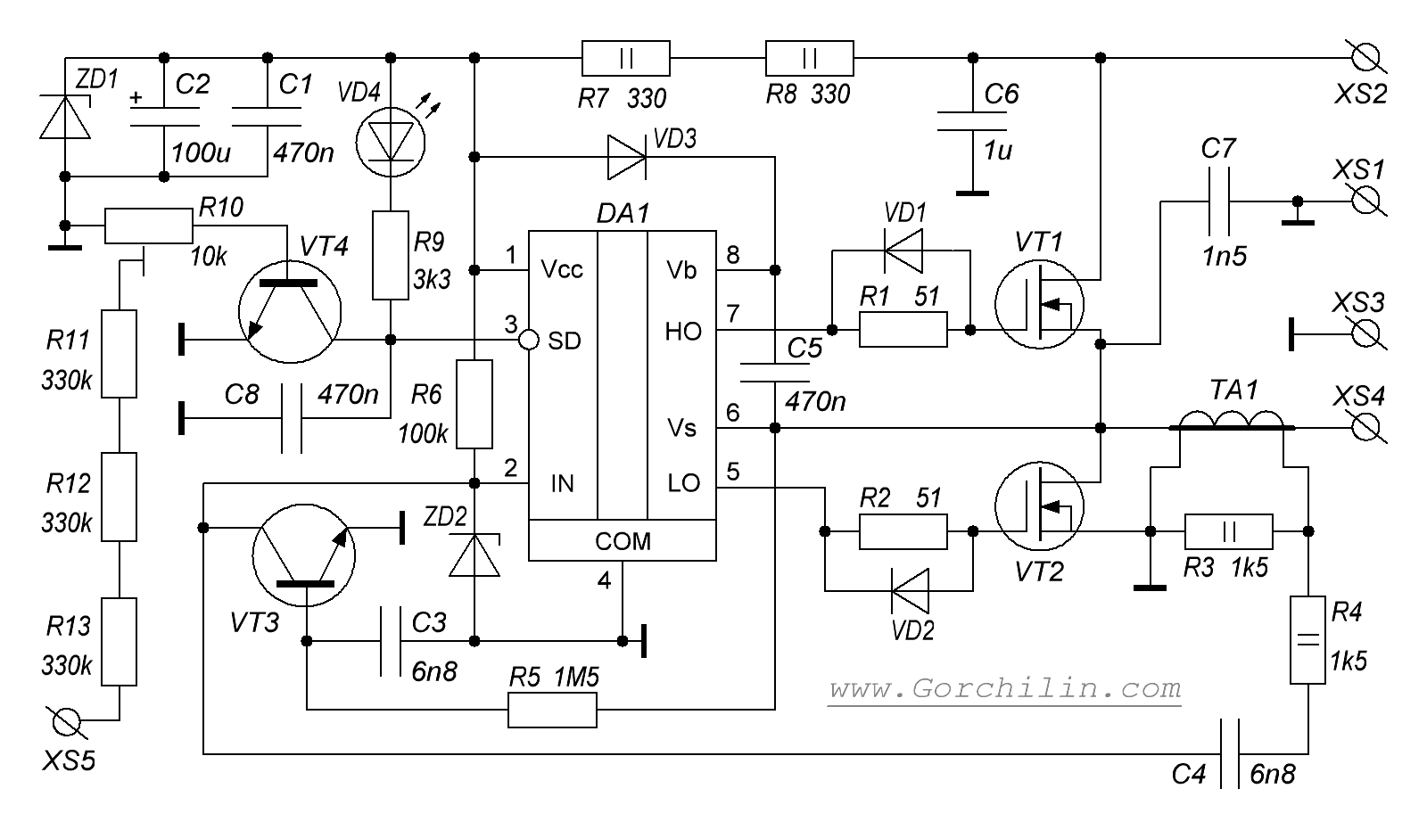 Schematic diagram of a half-bridge generator with PLL and voltage protection